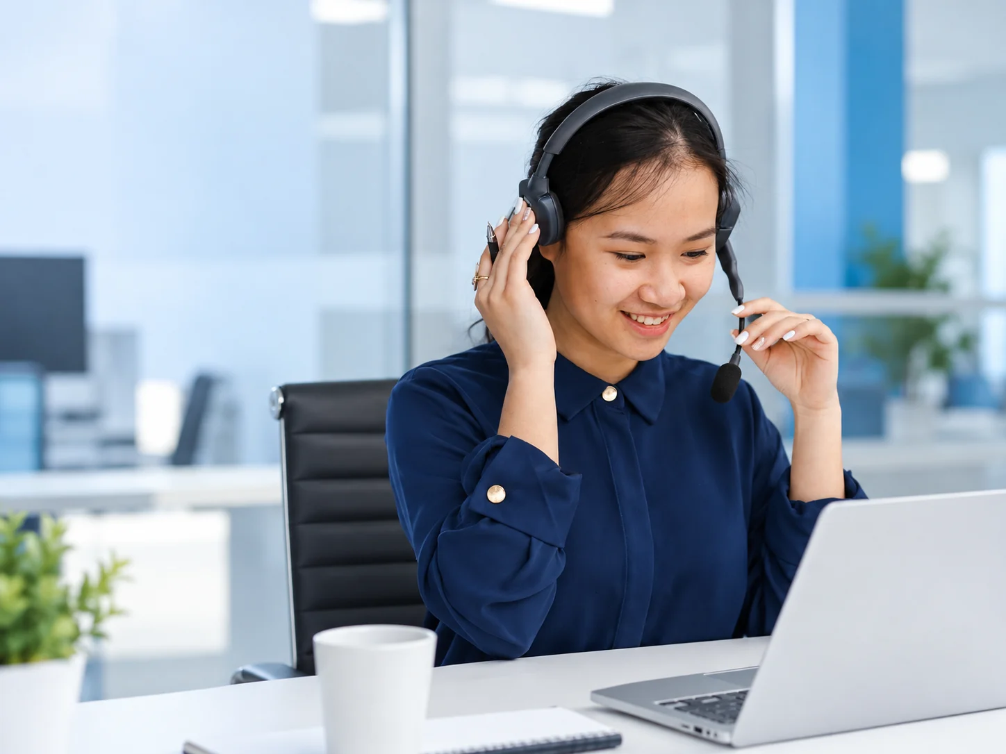 Atendente da WORK TELECOM sorrindo, com headset, em atendimento pelo notebook
